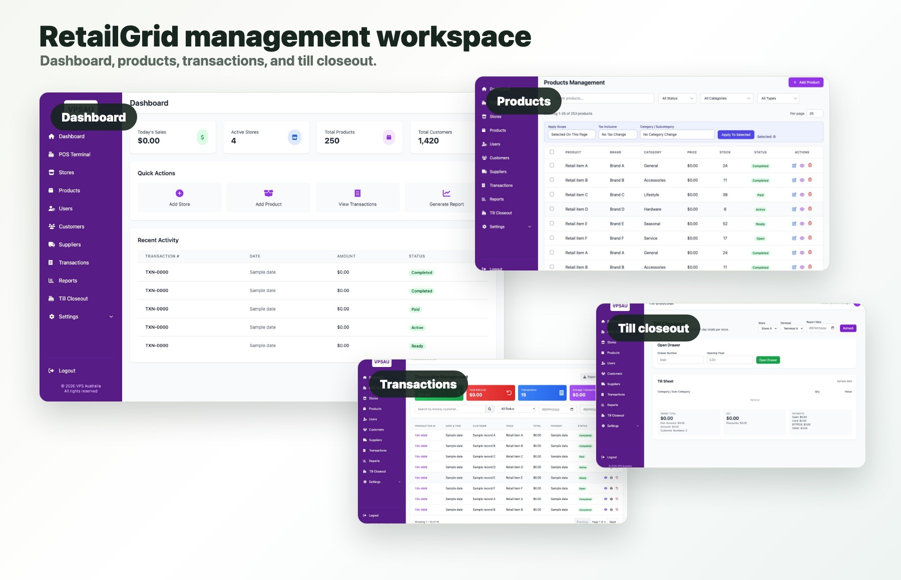 RetailGrid admin portal screens for dashboard, products, transactions, and till closeout