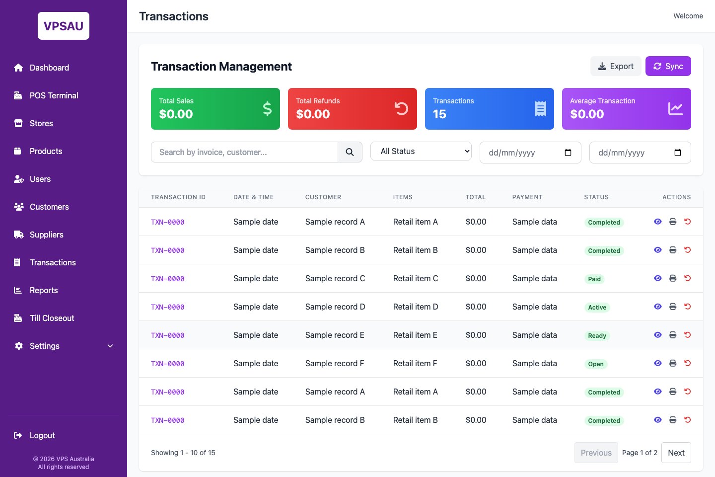 RetailGrid transactions admin screen