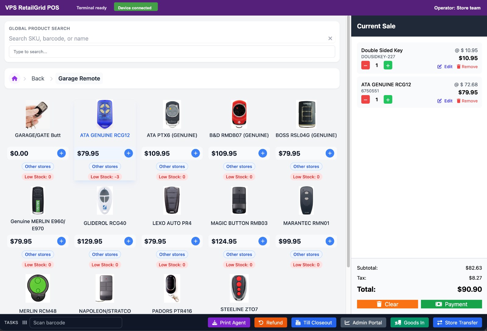 RetailGrid POS terminal showing product browsing and an active sale cart