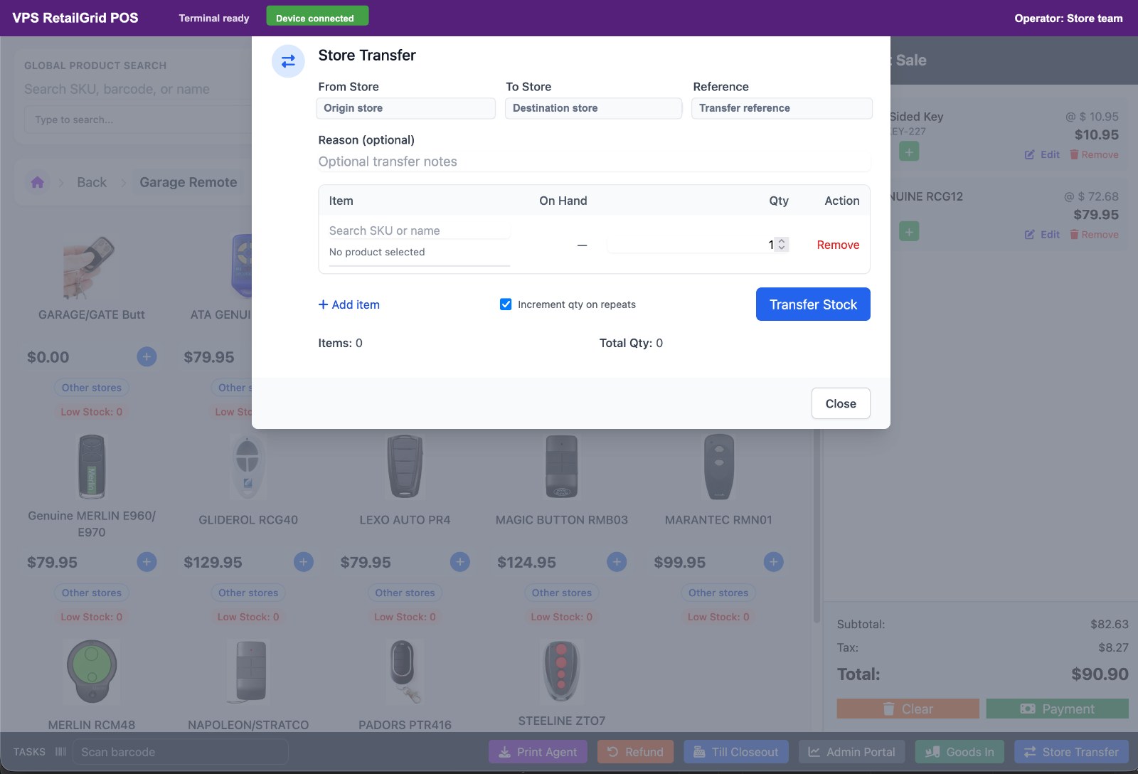 RetailGrid store transfer modal for moving stock between stores
